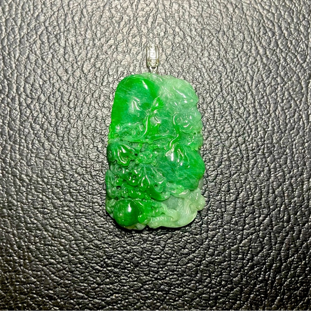 Natural Grade A Jadeite Pendant Carved Dragon With 18K White Gold Bail